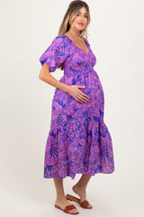 Magenta Tropical Floral Smocked Tie Back Maternity Maxi Dress