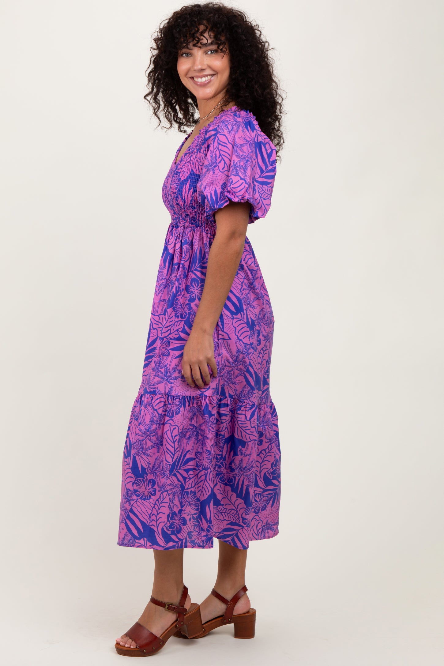 Magenta Tropical Floral Smocked Tie Back Maxi Dress