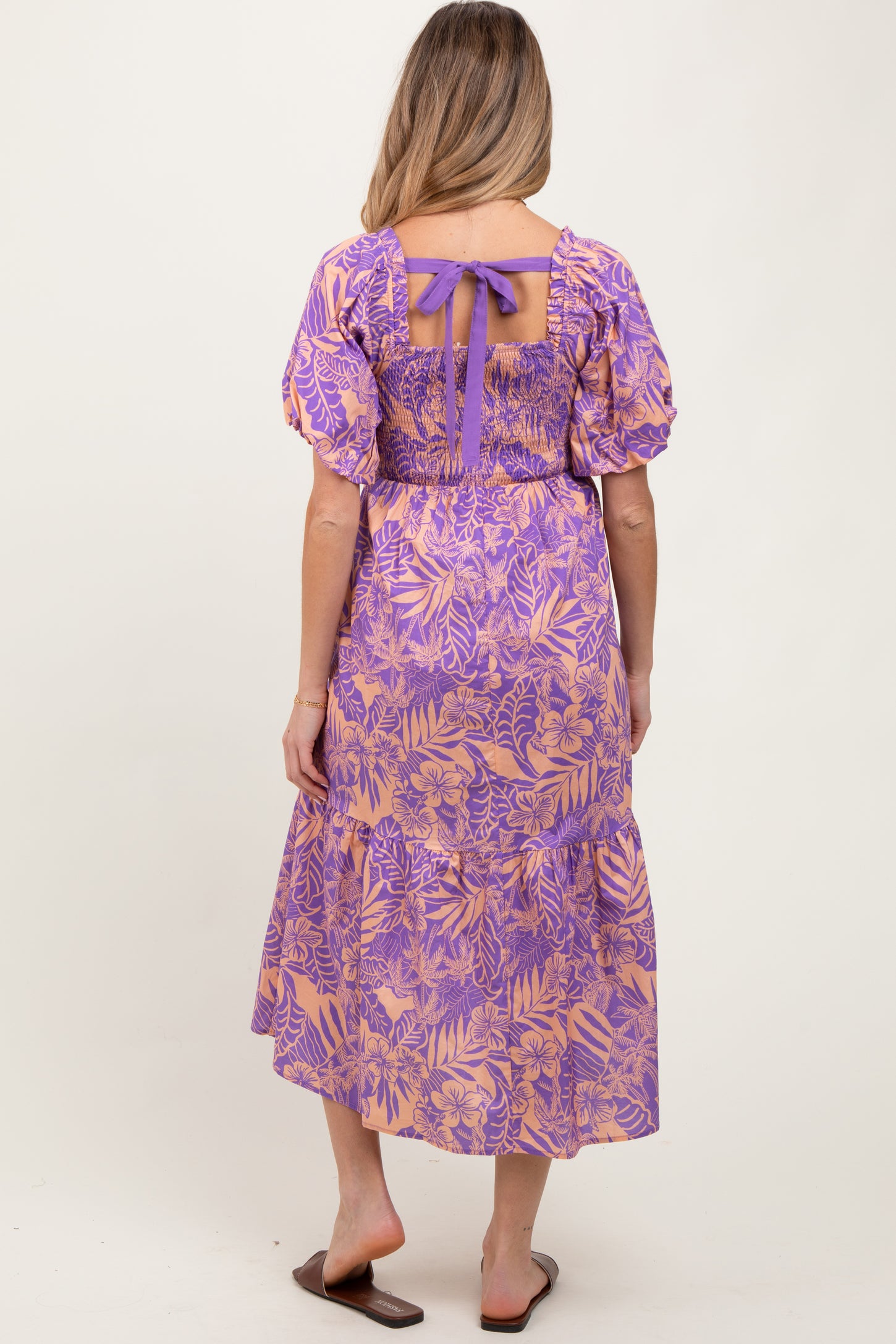 Peach Tropical Floral Smocked Tie Back Maternity Maxi Dress