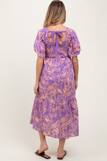Peach Tropical Floral Smocked Tie Back Maternity Maxi Dress