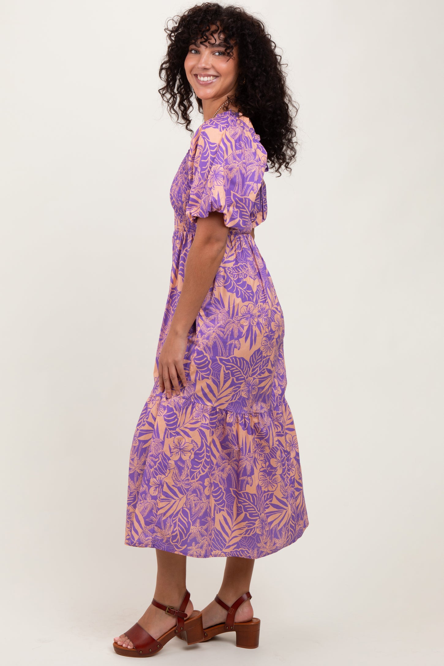 Peach Tropical Floral Smocked Tie Back Maxi Dress