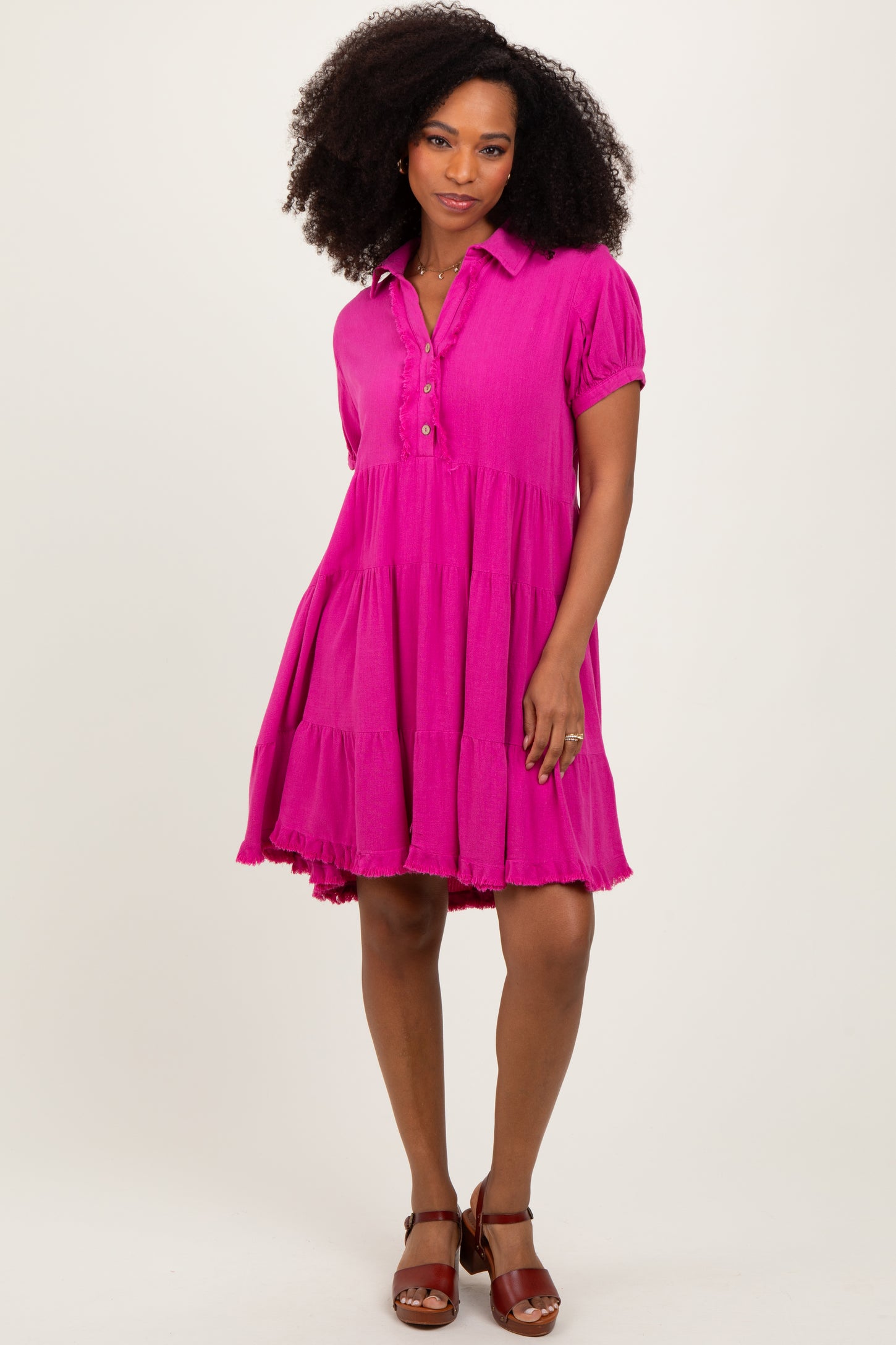 Fuchsia Tiered Collared Linen Dress