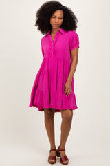 Fuchsia Tiered Collared Linen Maternity Dress