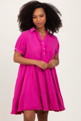 Fuchsia Tiered Collared Linen Dress