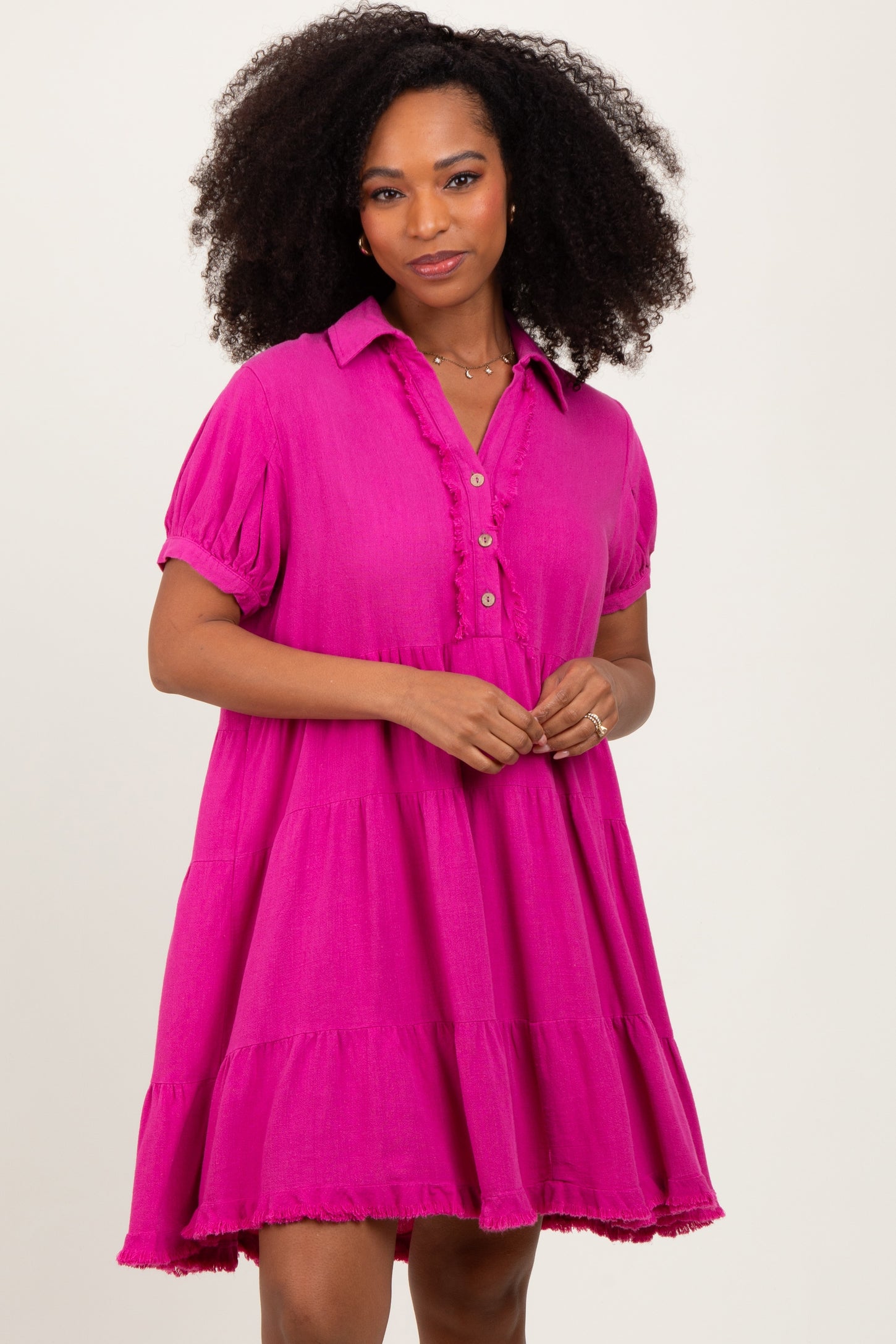 Fuchsia Tiered Collared Linen Dress Fuchsia Tiered Collared Linen Dress