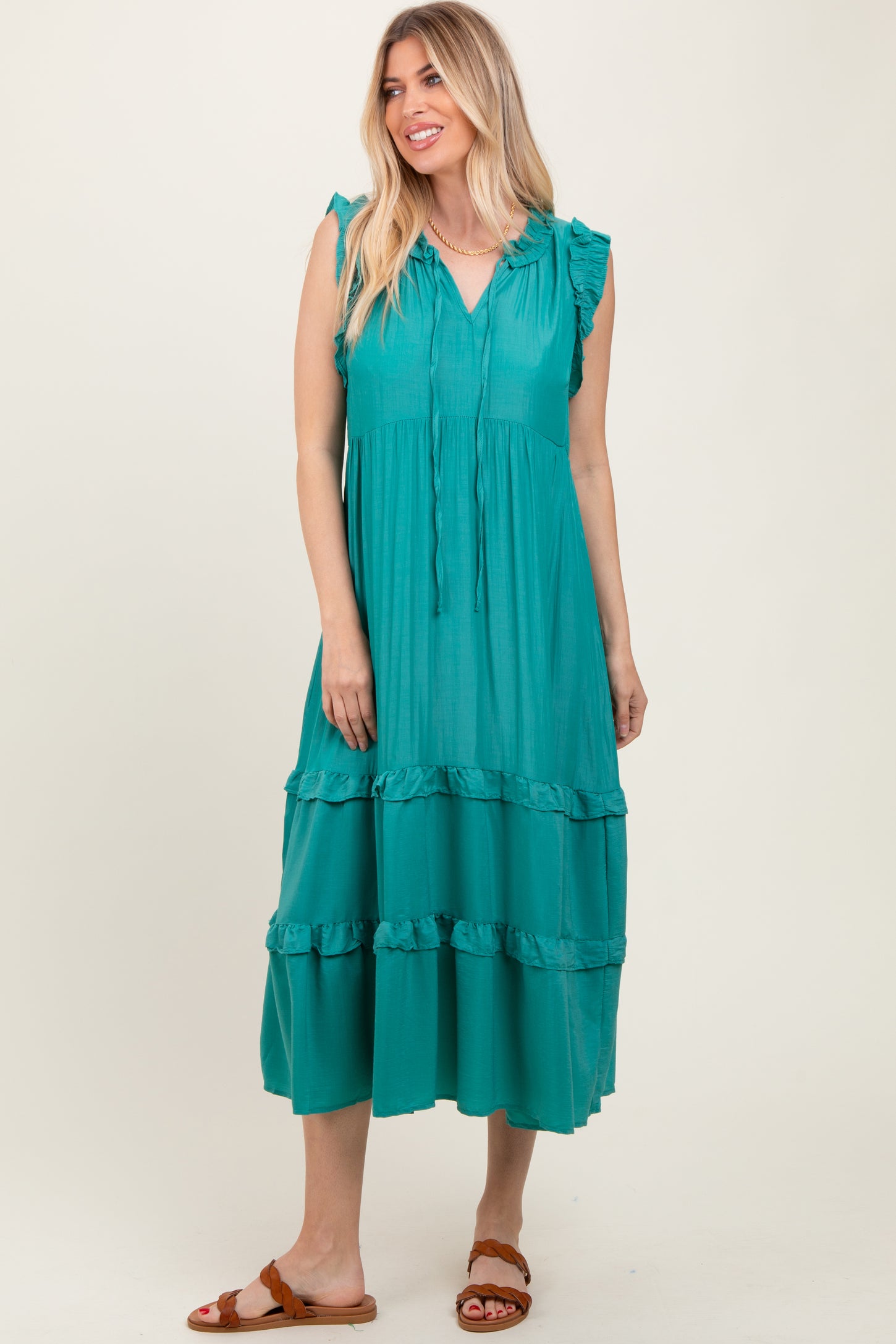 Green Ruffle Accent Tiered Front Tie Maternity Midi Dress