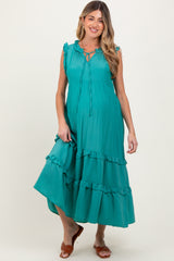 Green Ruffle Accent Tiered Front Tie Maternity Midi Dress