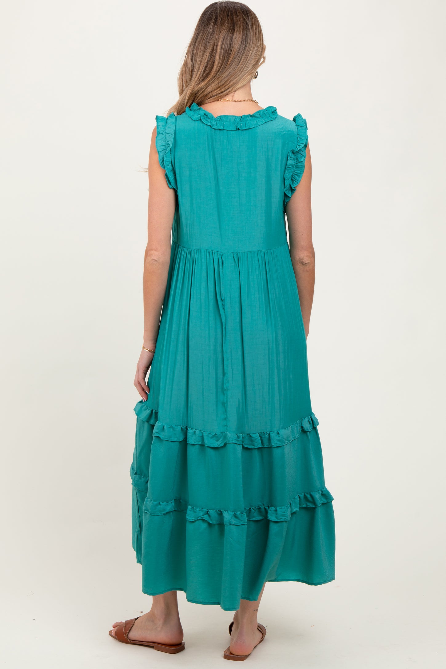 Green Ruffle Accent Tiered Front Tie Maternity Midi Dress