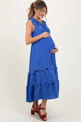 Blue Ruffle Accent Tiered Front Tie Maternity Midi Dress
