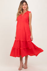 Red Ruffle Accent Tiered Front Tie Maternity Midi Dress