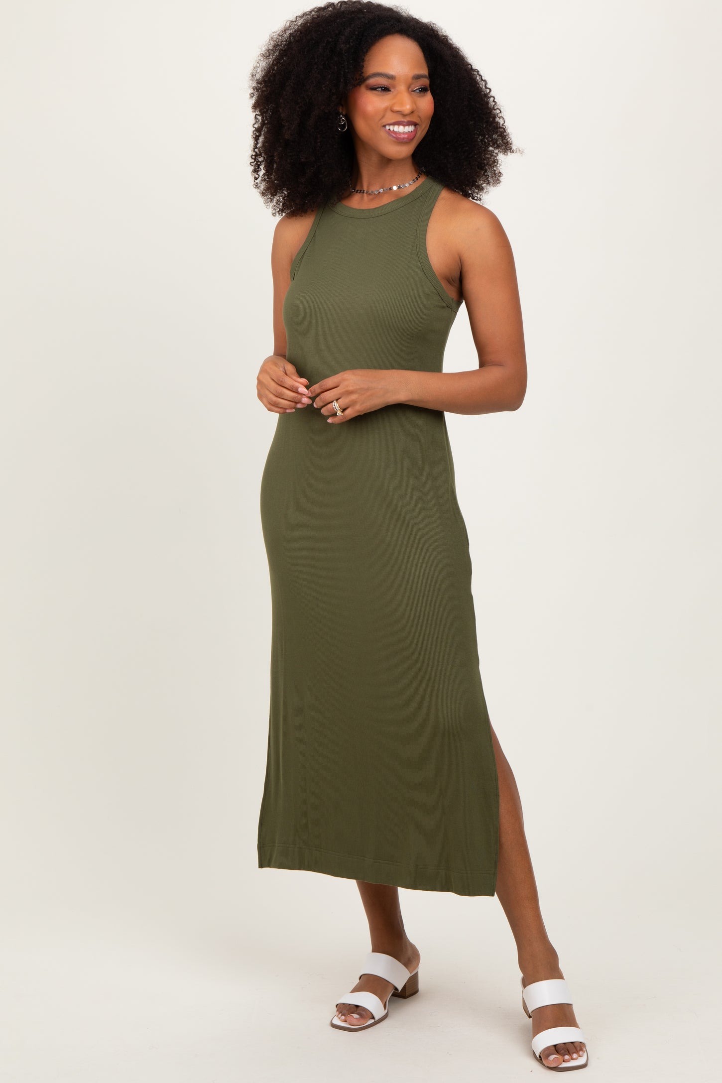 Olive Sleeveless Side Slit Maternity Midi Dress