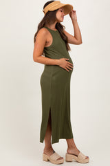 Olive Sleeveless Side Slit Maternity Midi Dress
