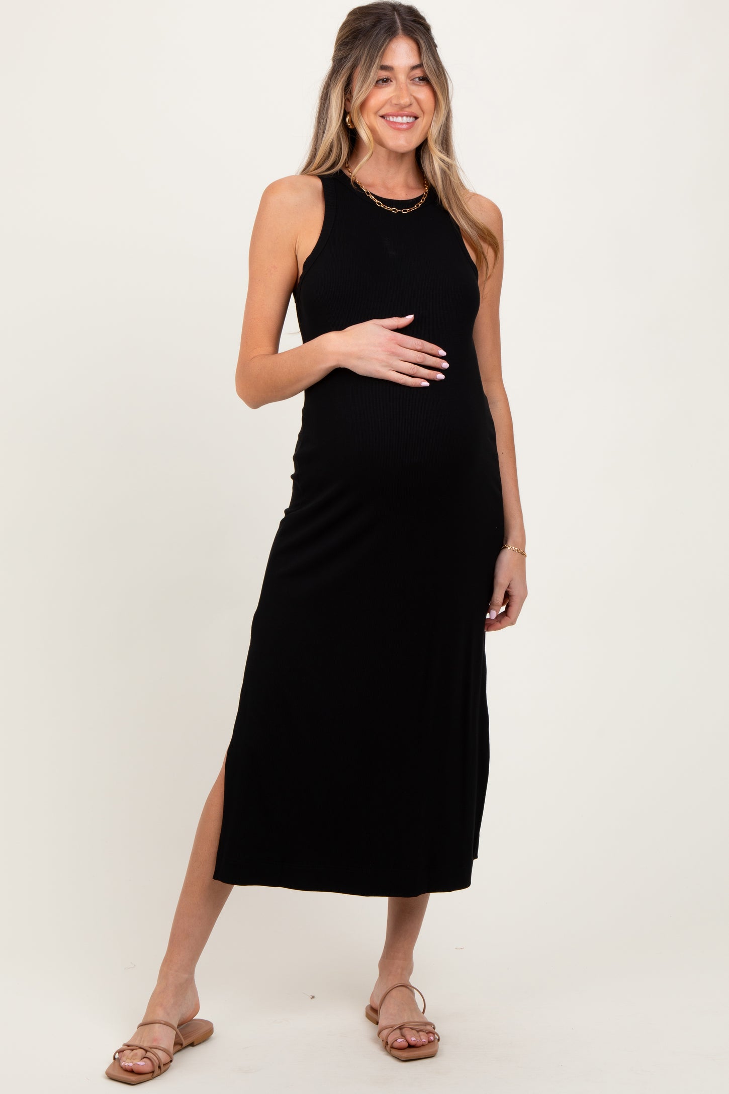 Black Sleeveless Side Slit Maternity Midi Dress