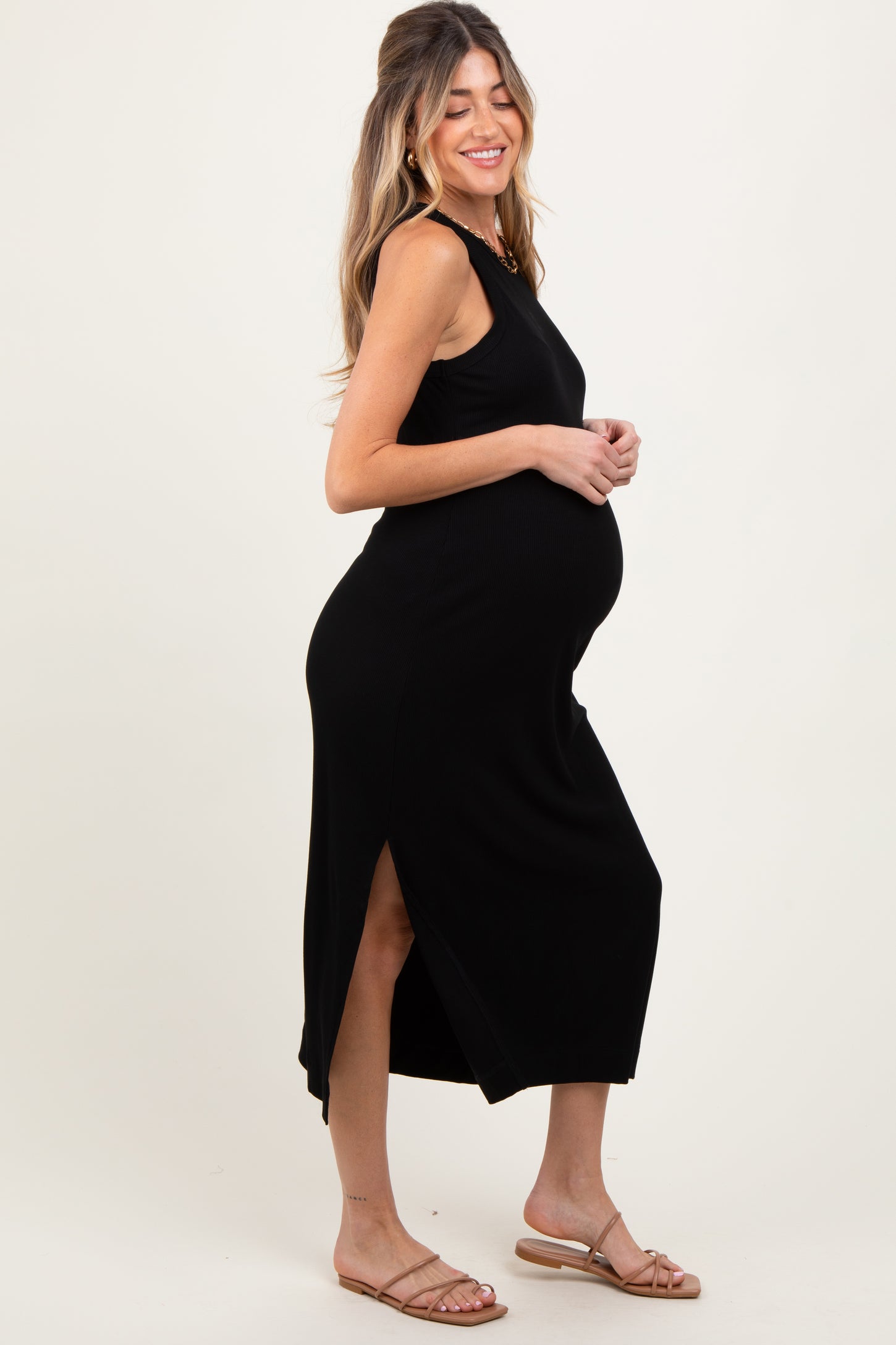 Black Sleeveless Side Slit Maternity Midi Dress