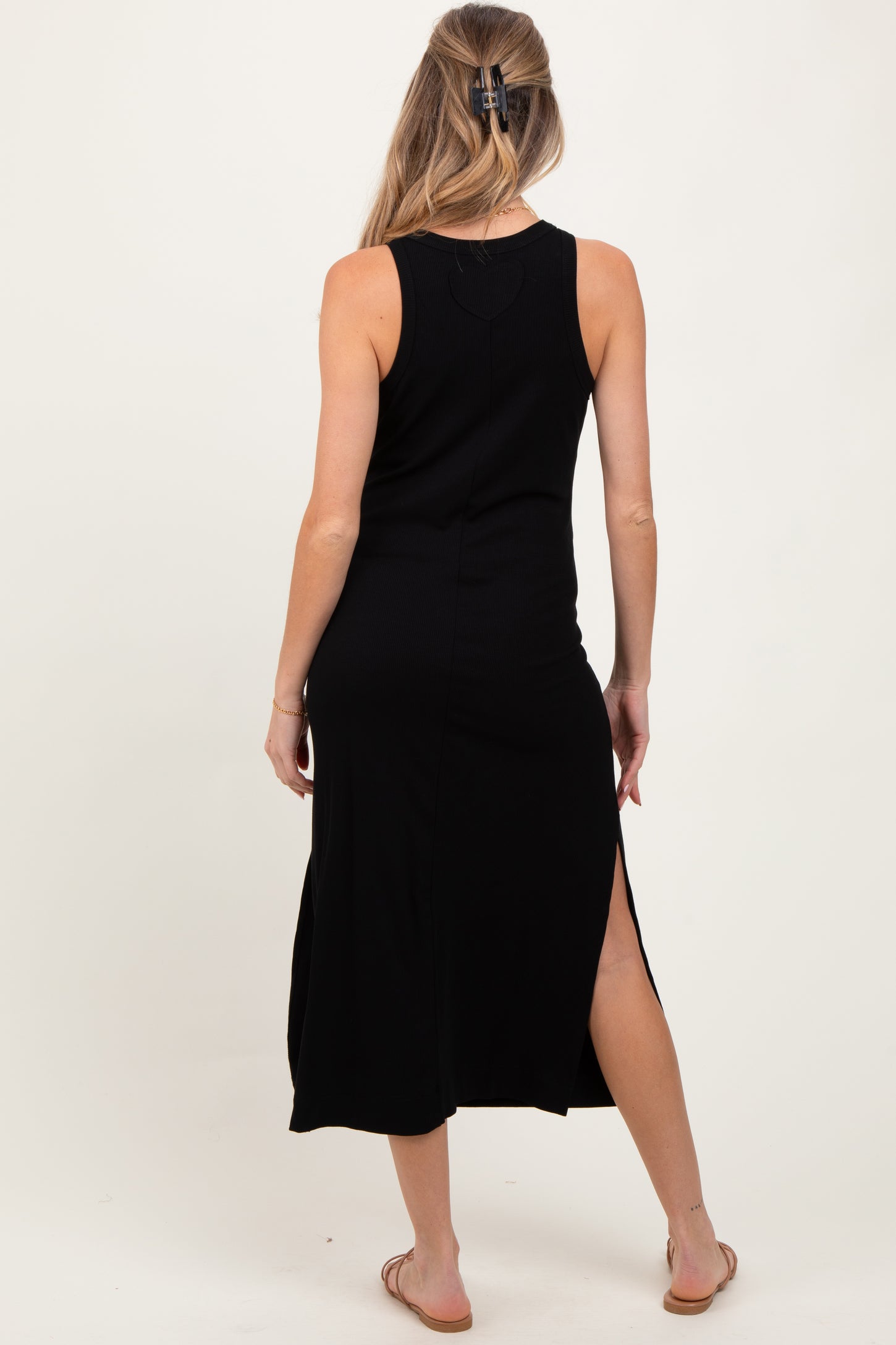 Black Sleeveless Side Slit Maternity Midi Dress