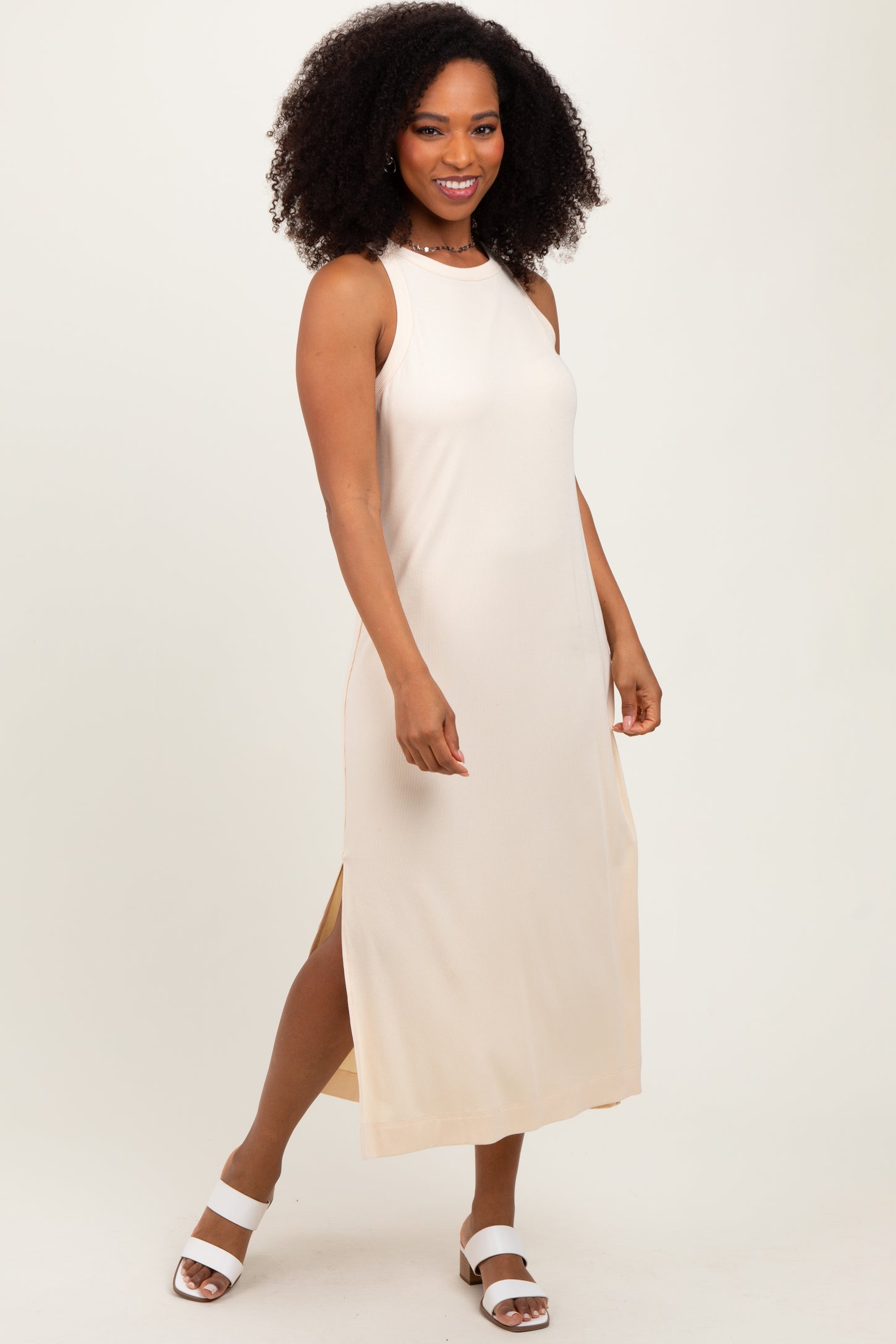 Cream Sleeveless Side Slit Midi Dress