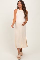 Cream Sleeveless Side Slit Maternity Midi Dress