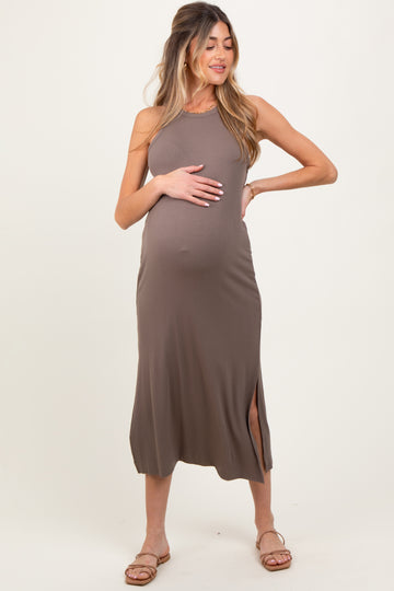 Mocha Sleeveless Side Slit Maternity Midi Dress