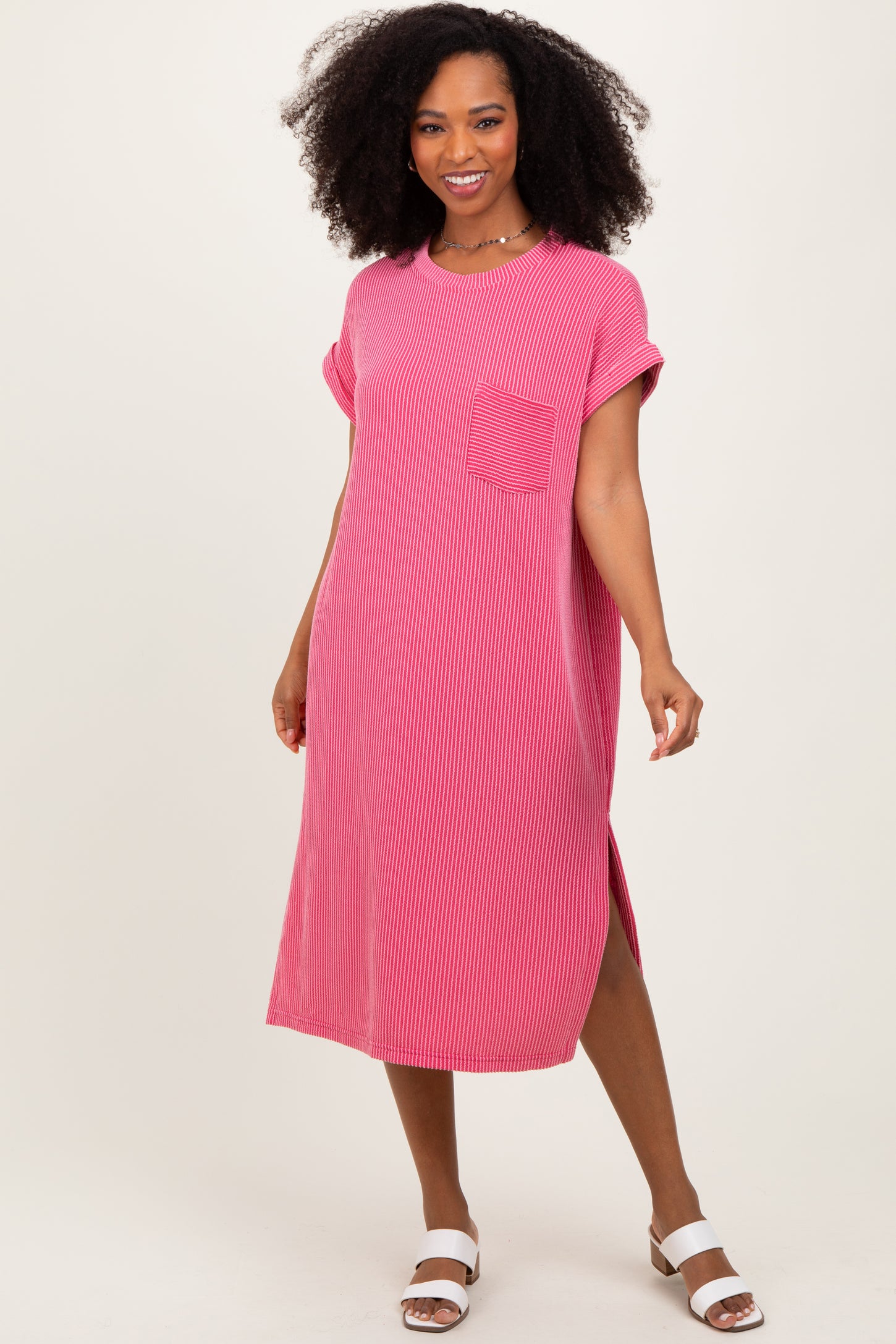 Pink Ribbed Short Sleeve Front Pocket Midi Dress