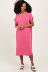 Pink Ribbed Short Sleeve Front Pocket Midi Dress