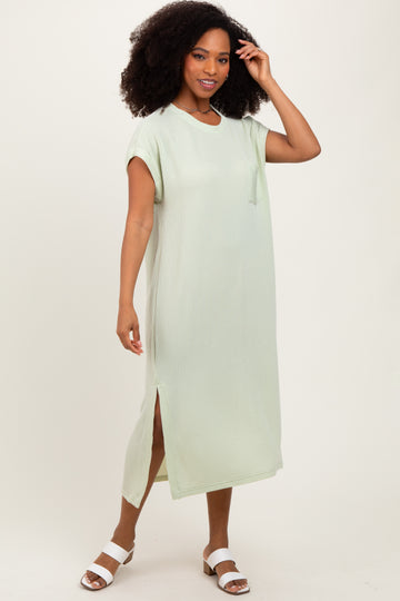 Light Olive Ribbed Short Sleeve Front Pocket Midi Dress