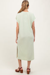Light Olive Ribbed Short Sleeve Front Pocket Maternity Midi Dress