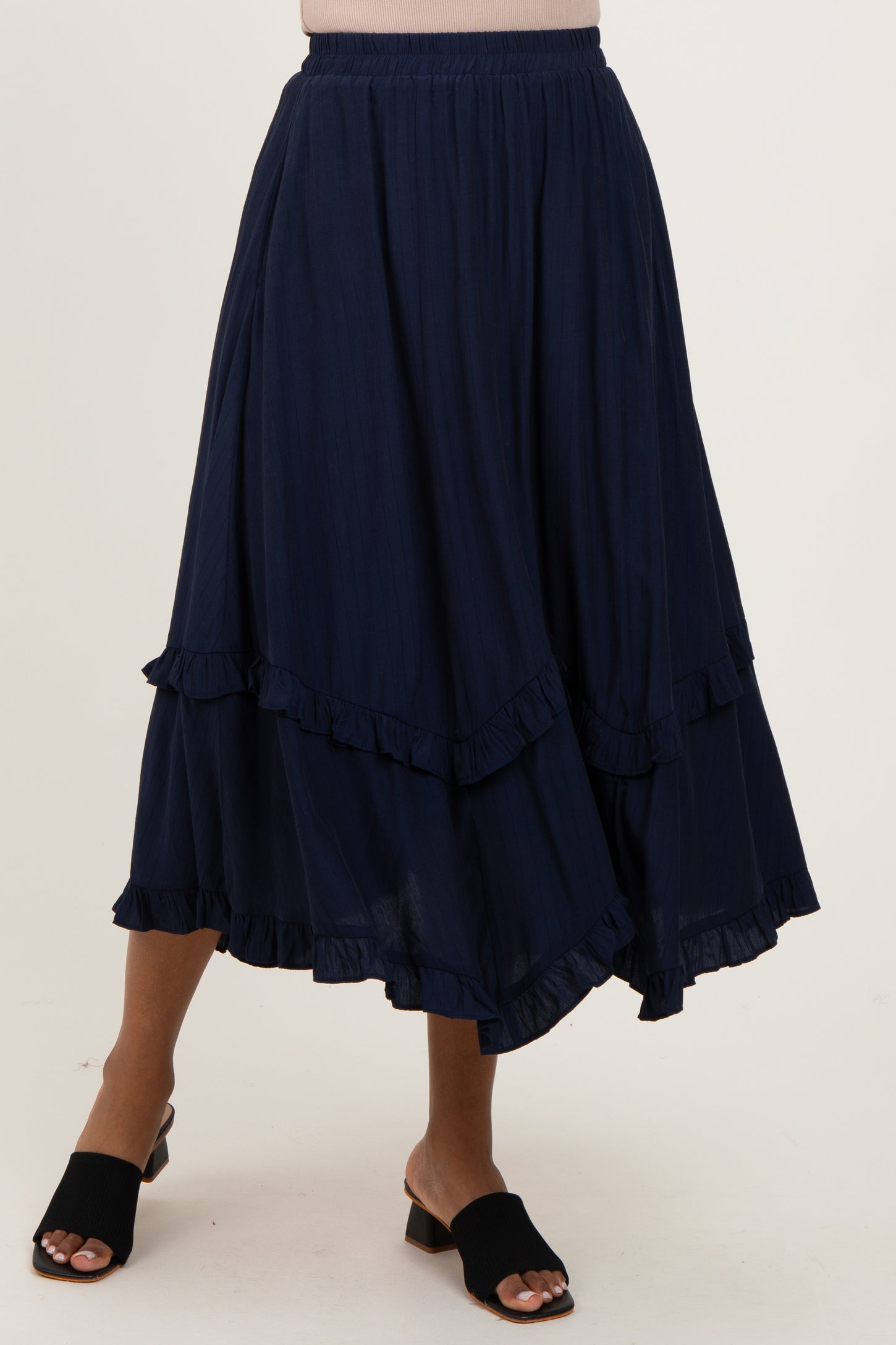 Navy Ruffle Tiered Midi Skirt