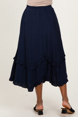 Navy Ruffle Tiered Midi Skirt