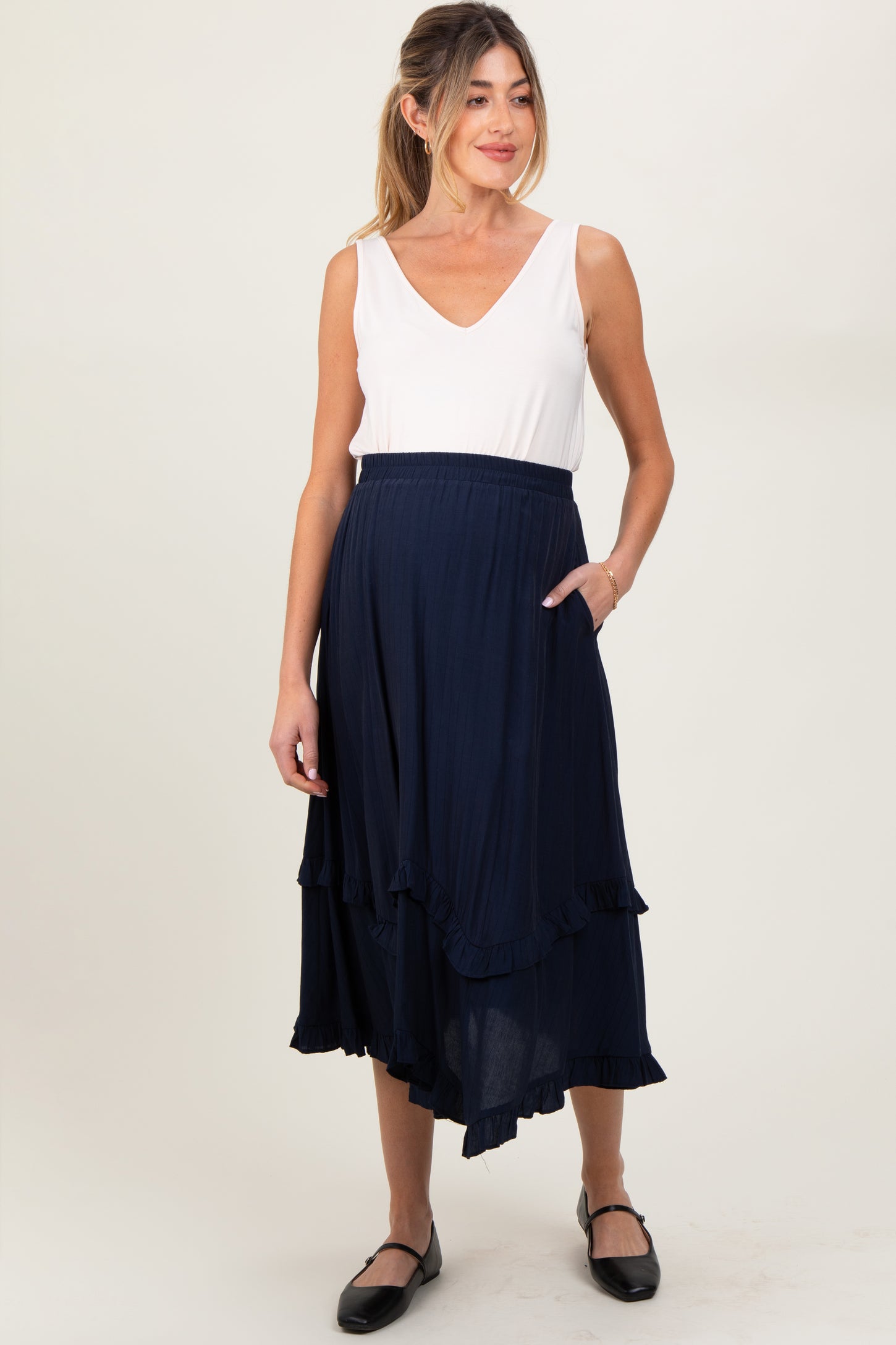 Navy Ruffle Tiered Maternity Midi Skirt