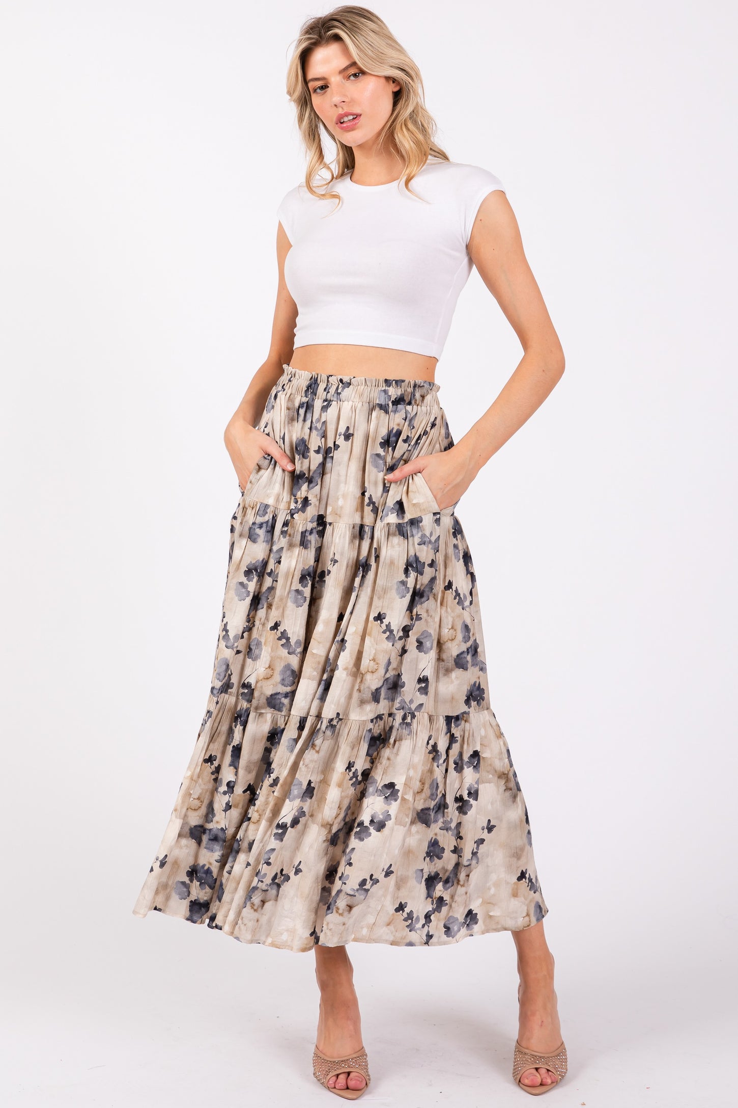 Cream Watercolor Floral Tiered Maternity Midi Skirt