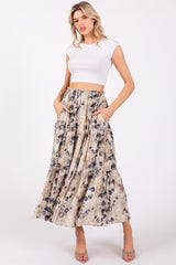Cream Watercolor Floral Tiered Maternity Midi Skirt