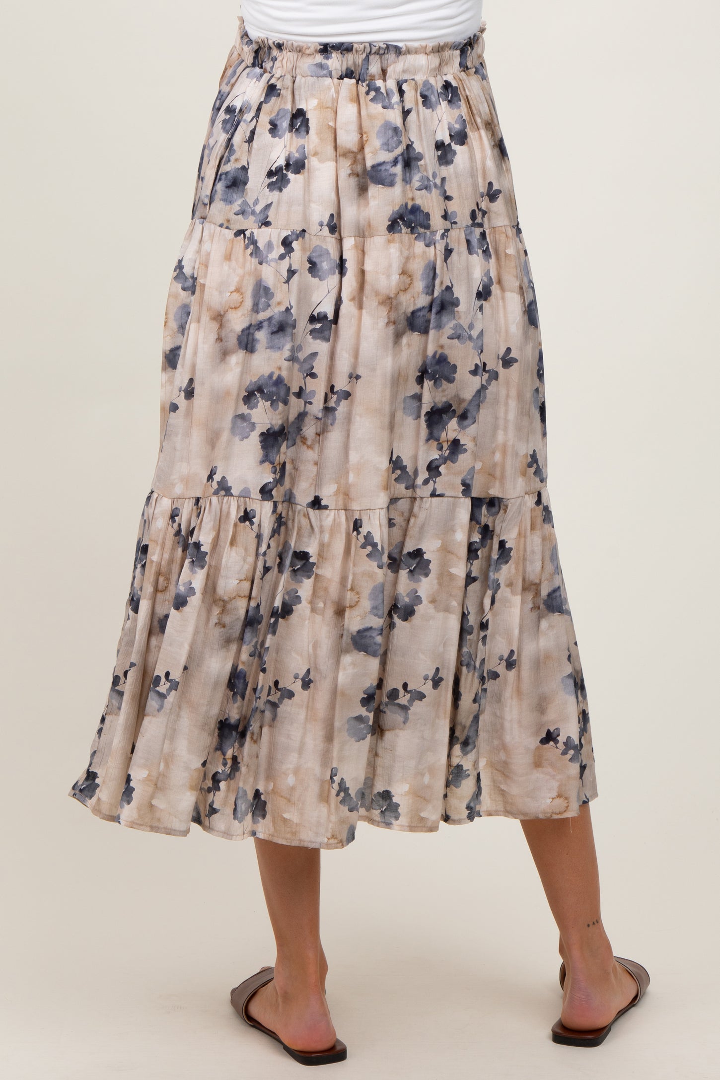 Cream Watercolor Floral Tiered Maternity Midi Skirt