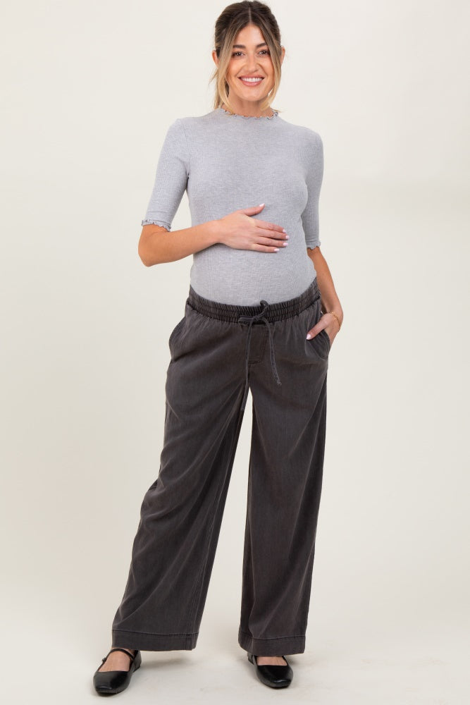Black Vintage Wash Chambray Maternity Wide Leg Pants