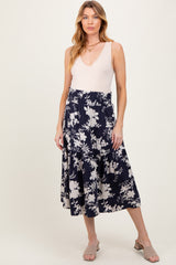 Navy Floral Smocked Waist Maternity Midi Skirt