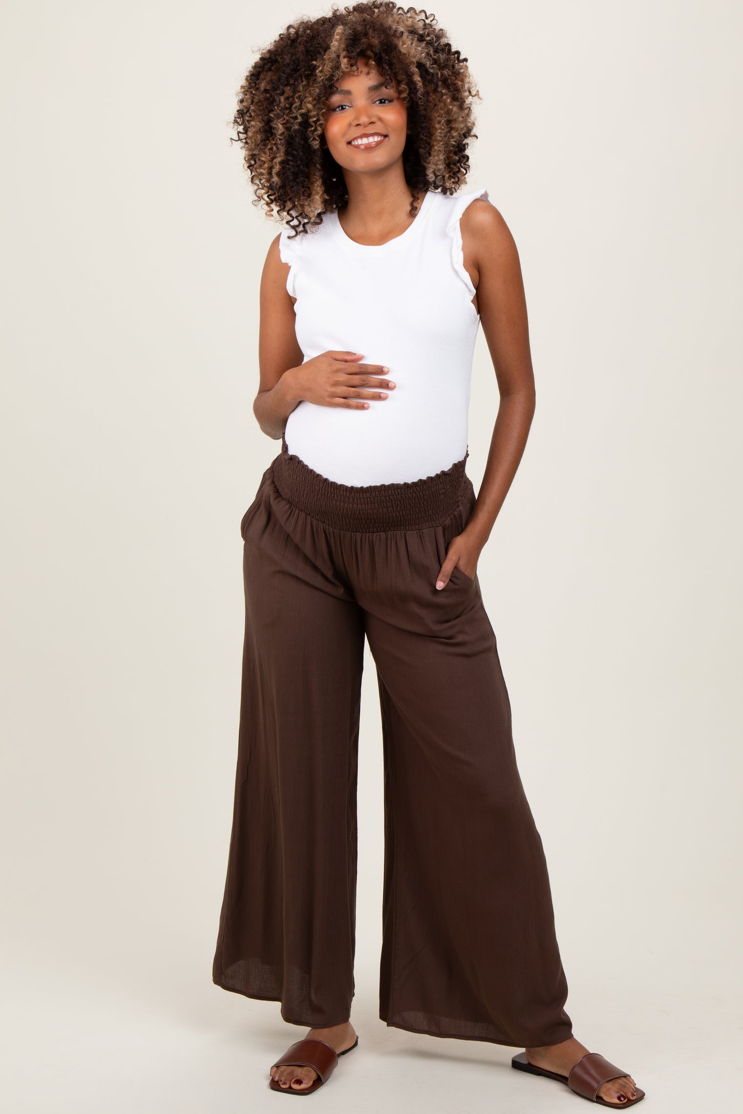 brown maternity dress pants CRZ YOGA Women Butterluxe Maternity Wide Leg Pants with Pockets 31.5"