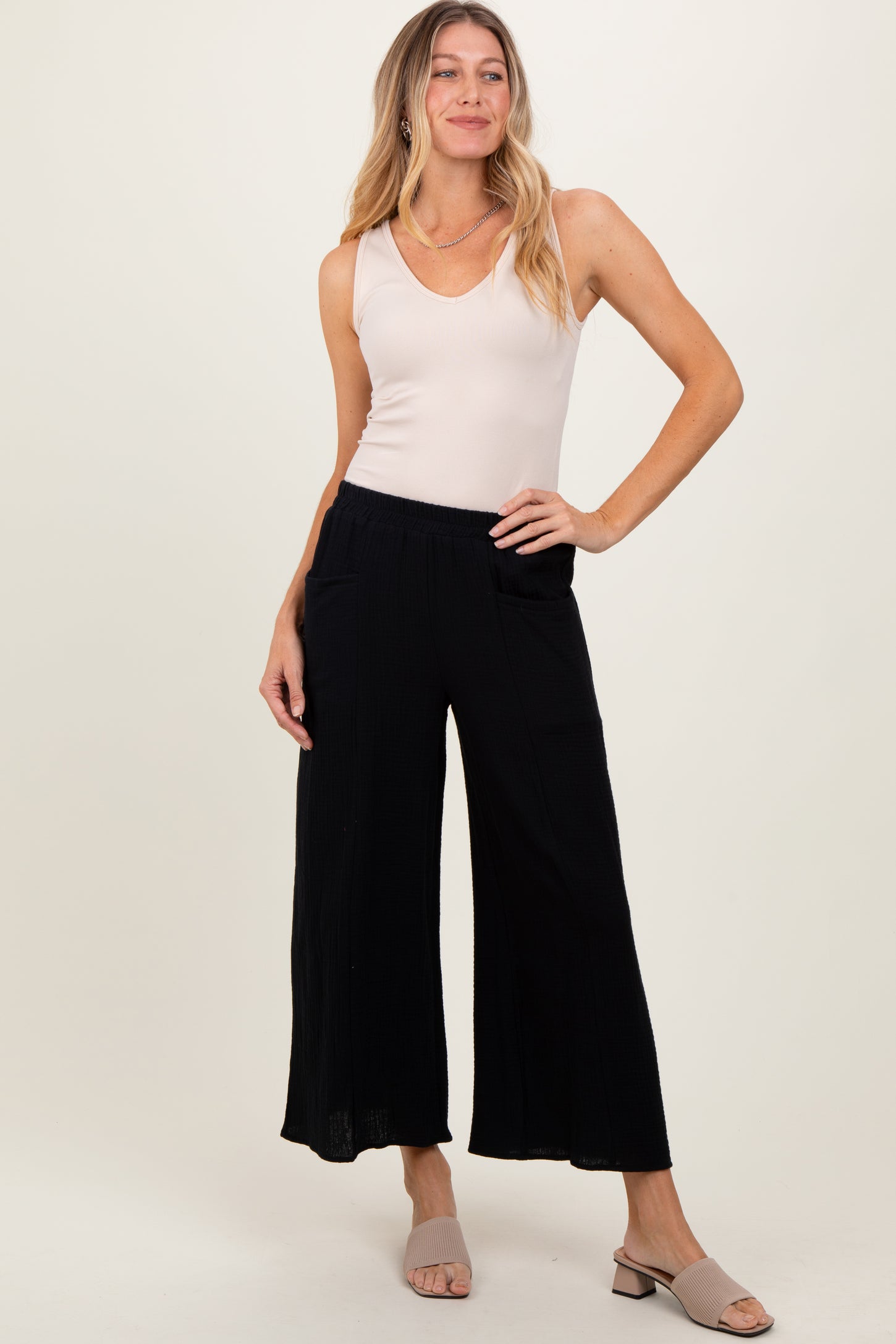 Black Cotton Gauze Wide Leg Maternity Pants