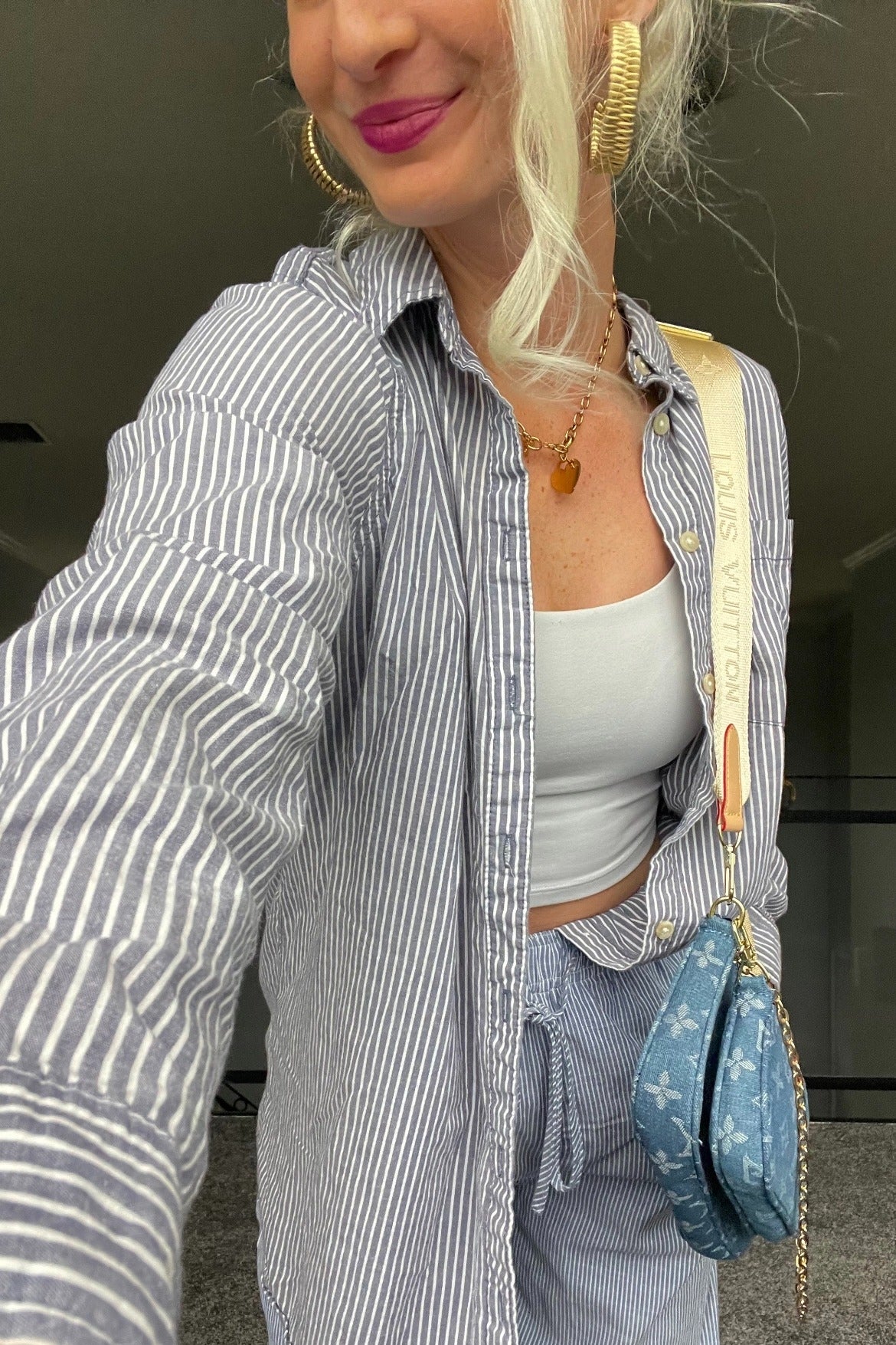 Blue Striped Drawstring Wide Leg Pants