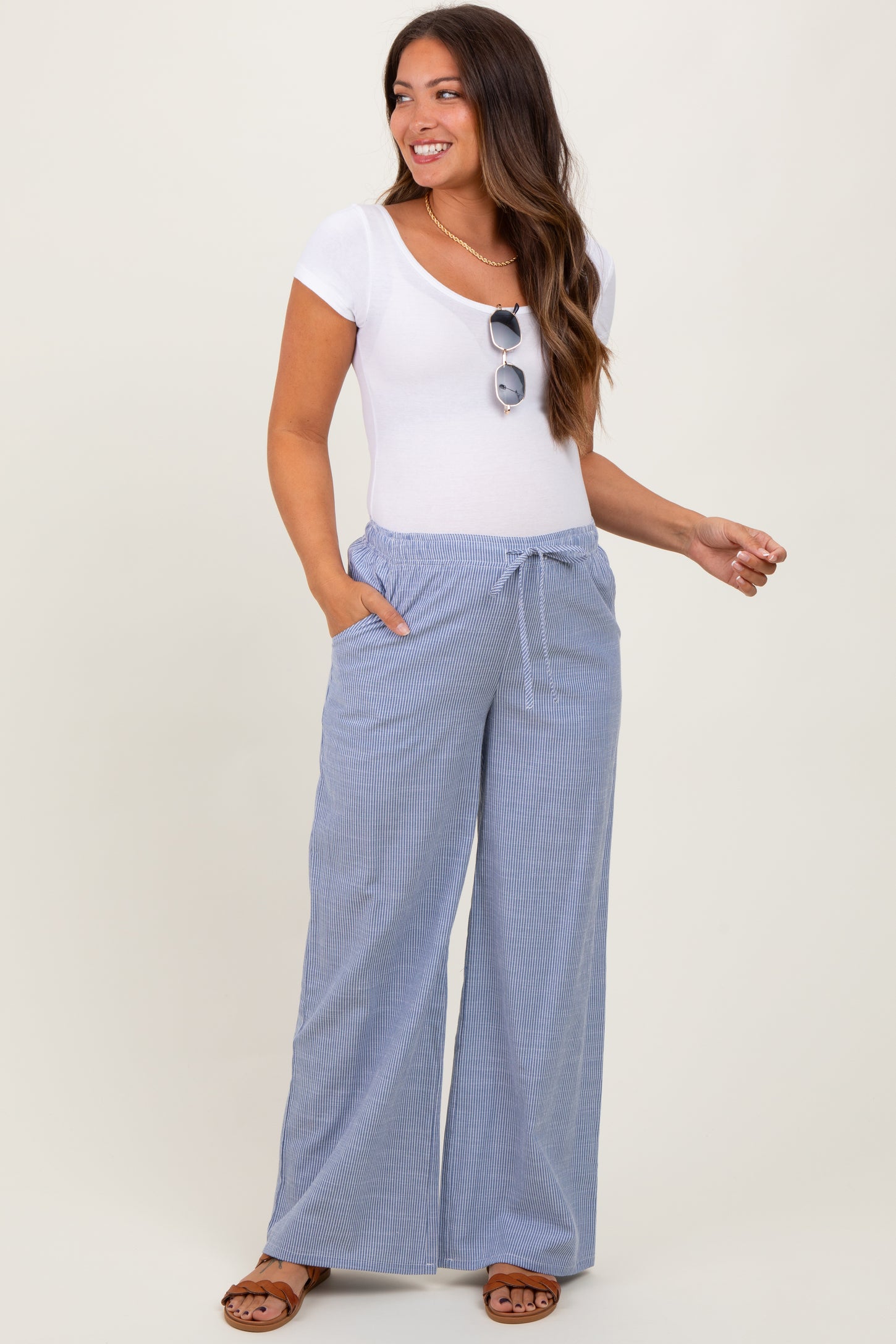 Blue Striped Drawstring Wide Leg Maternity Pants
