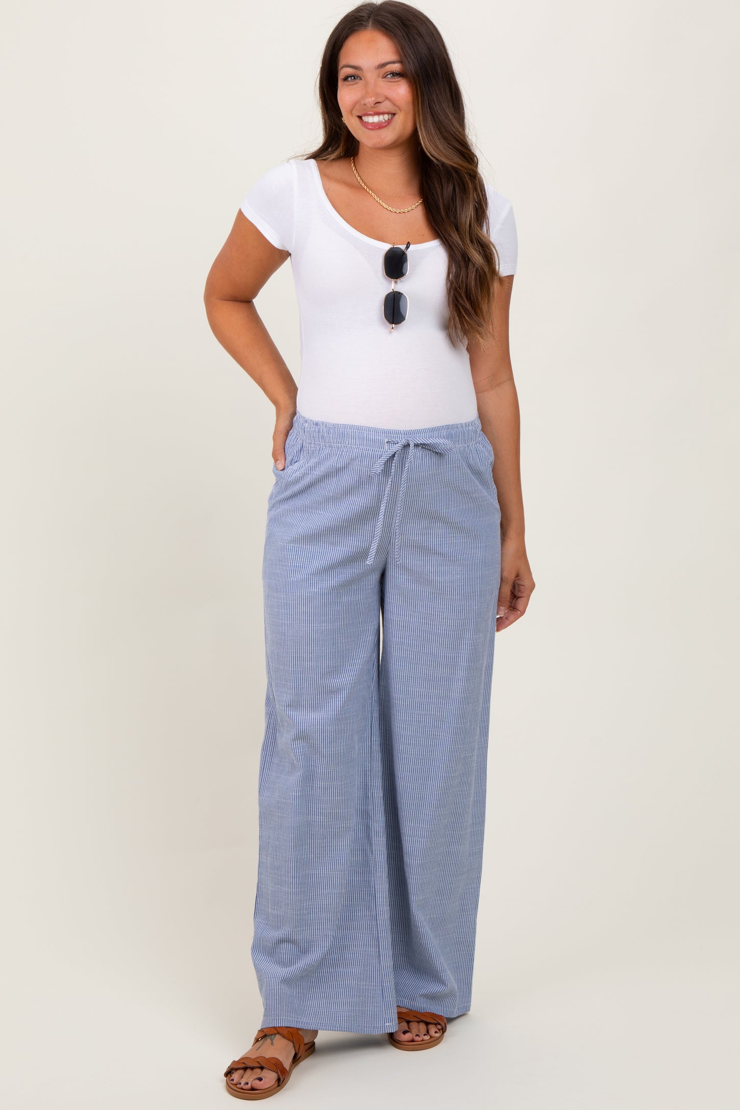 Blue Striped Drawstring Wide Leg Maternity Pants