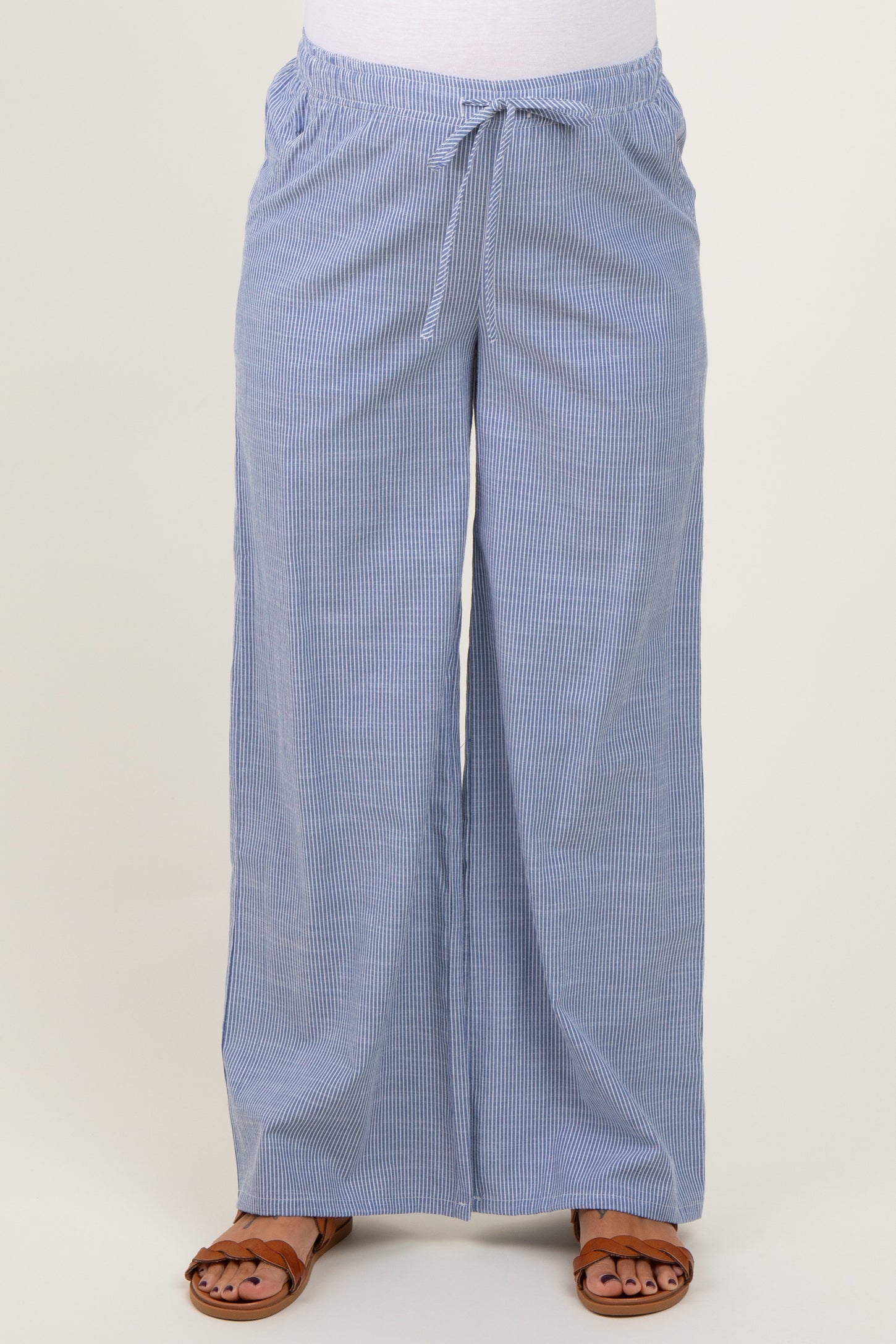 Blue Striped Drawstring Wide Leg Maternity Pants