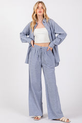 Blue Striped Drawstring Wide Leg Pants