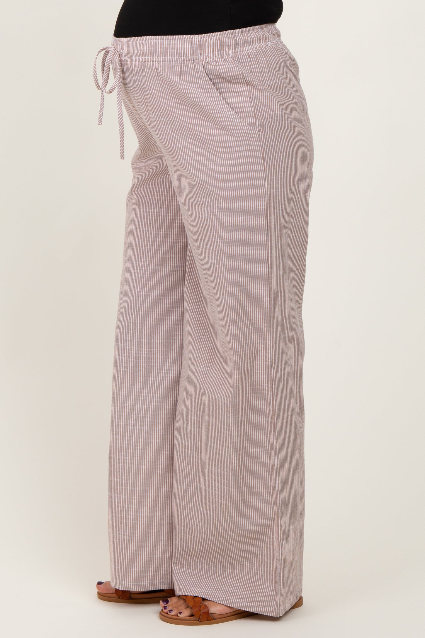Light Taupe Striped Drawstring Wide Leg Maternity Pants