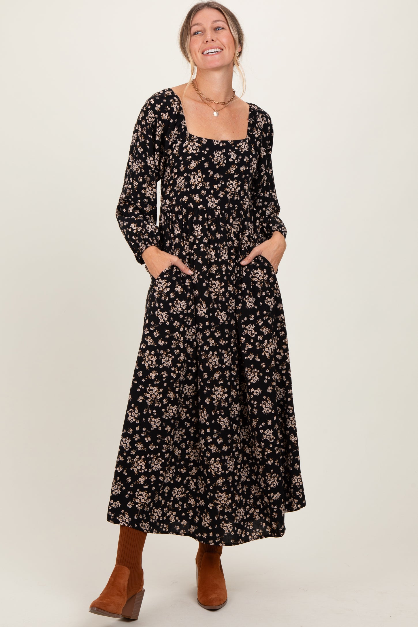 Black Floral Square Neck Long Sleeve Maternity Maxi Dress PinkBlush Black Floral Square Neck Long Sleeve Maternity Maxi Dress PinkBlush