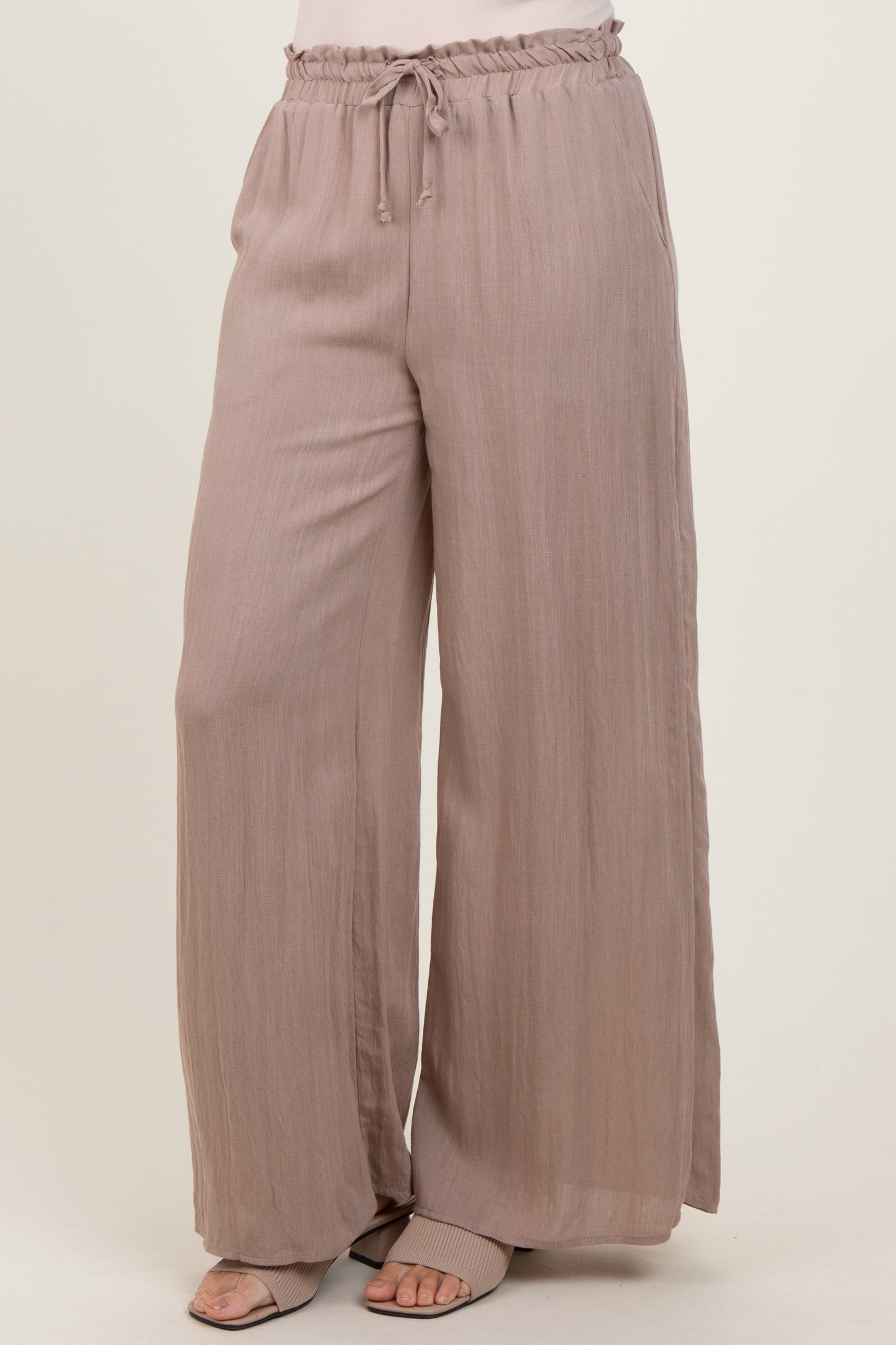 Beige Ruffled Drawstring Waist Wide Leg Pants