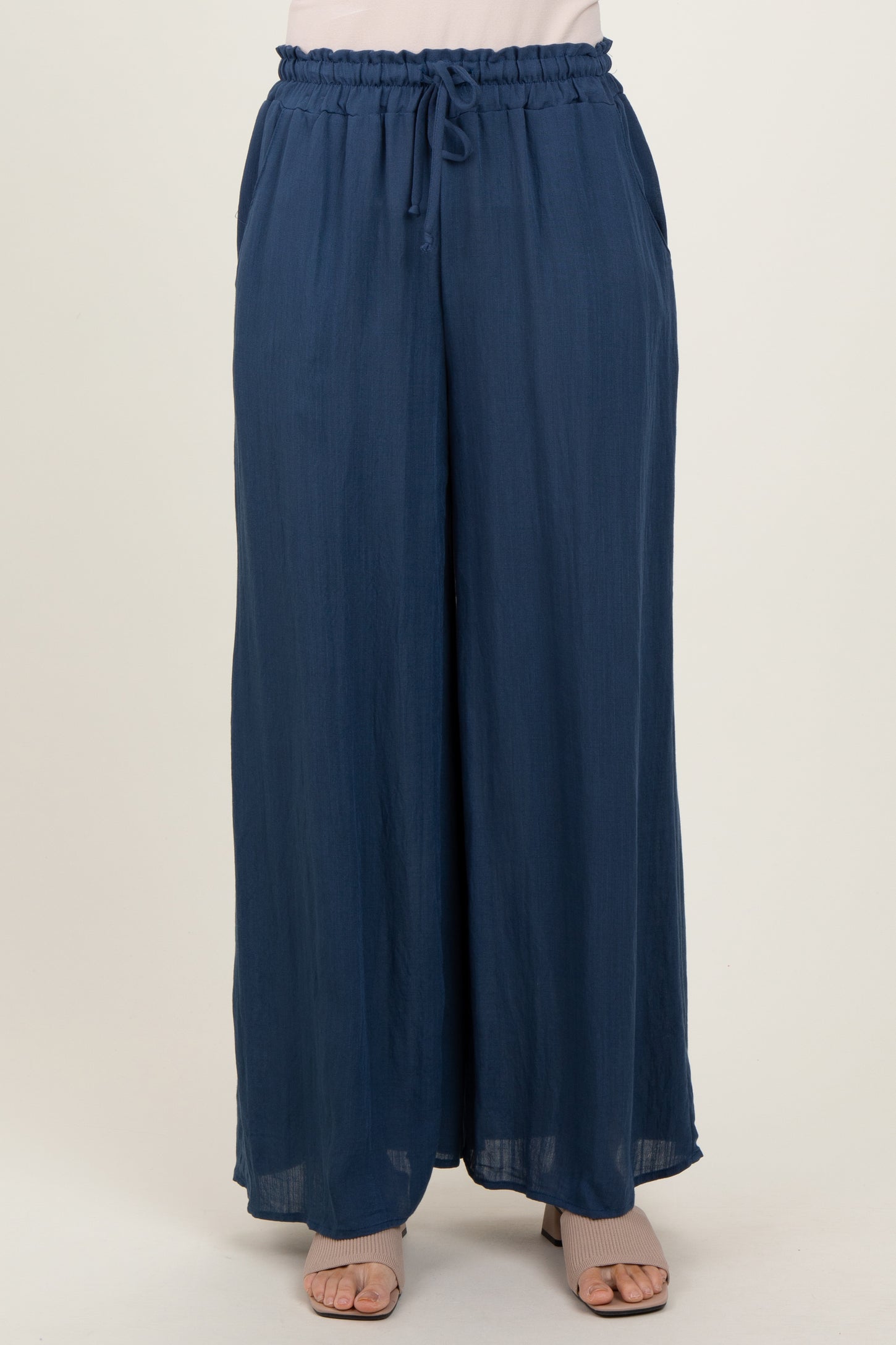 Navy Ruffled Drawstring Waist Wide Leg Pants