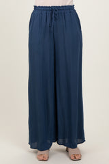 Navy Ruffled Drawstring Waist Wide Leg Pants