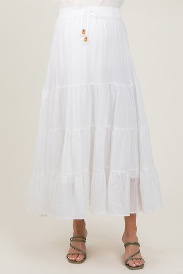 White Drawstring Tiered Maternity Maxi Skirt
