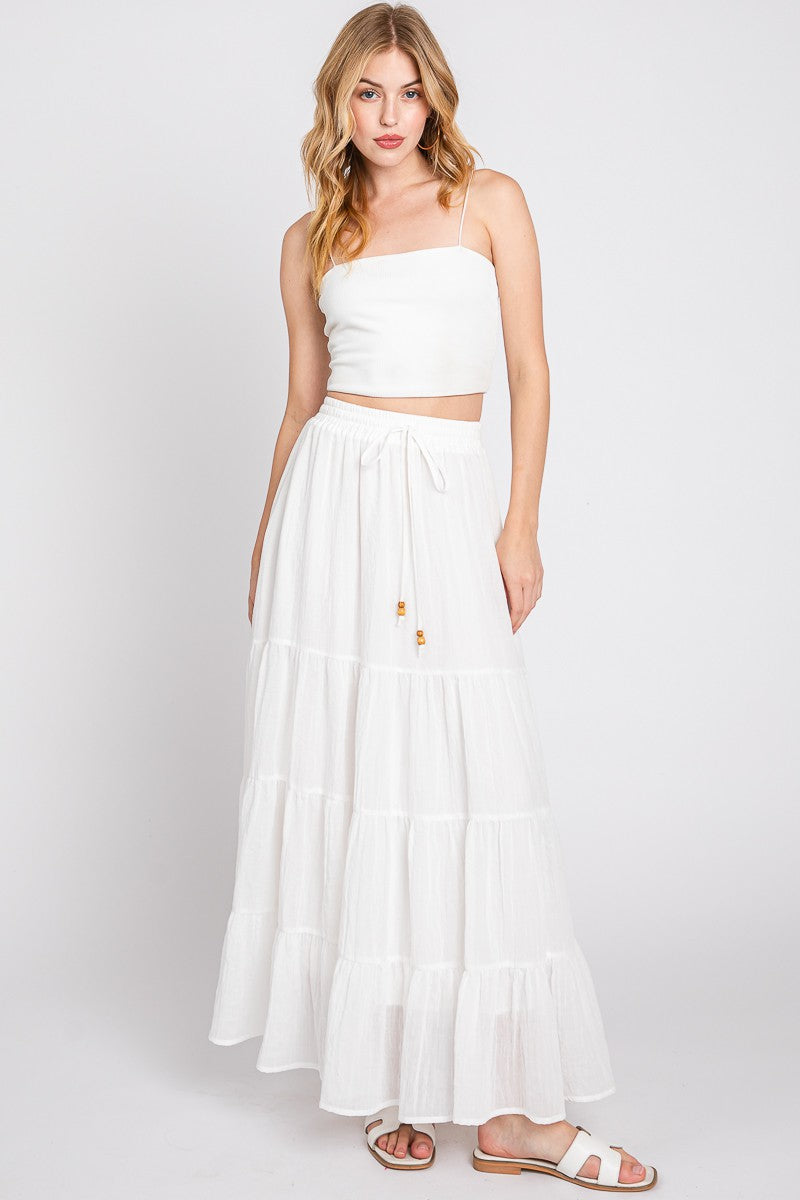 White Drawstring Tiered Maternity Maxi Skirt