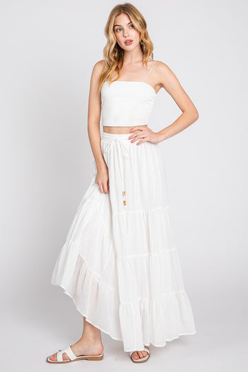 White Drawstring Tiered Maxi Skirt