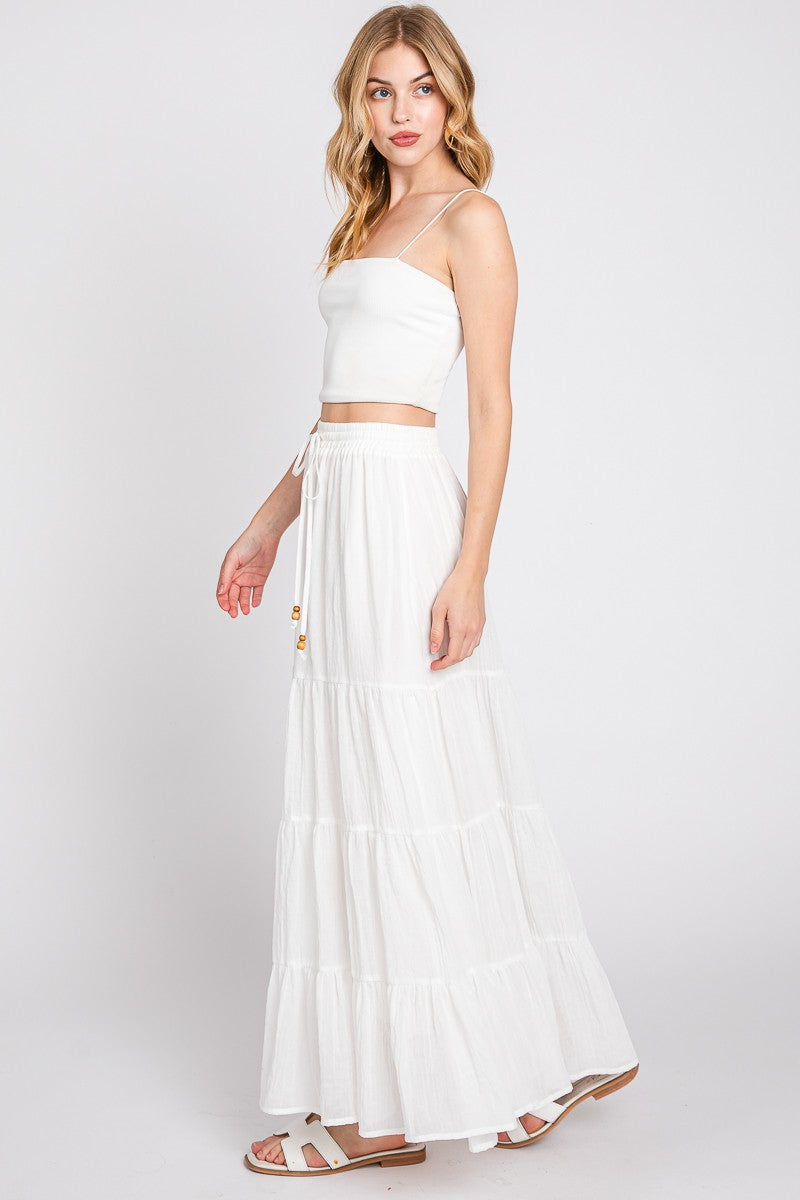 White Drawstring Tiered Maxi Skirt